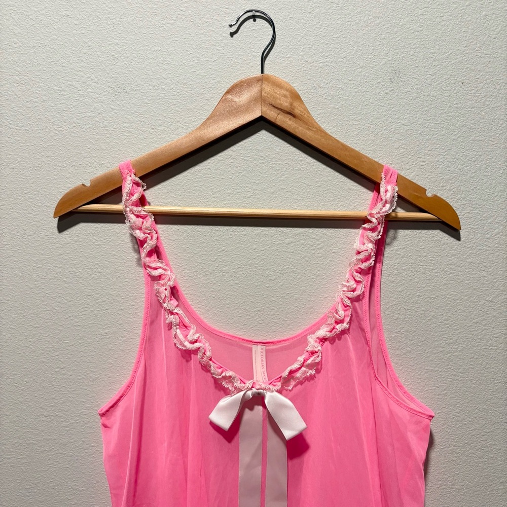Victoria’s Secret Pink Chemise Nightie Size L Ruffle Trim Lingerie Sheer - Picture 2 of 11